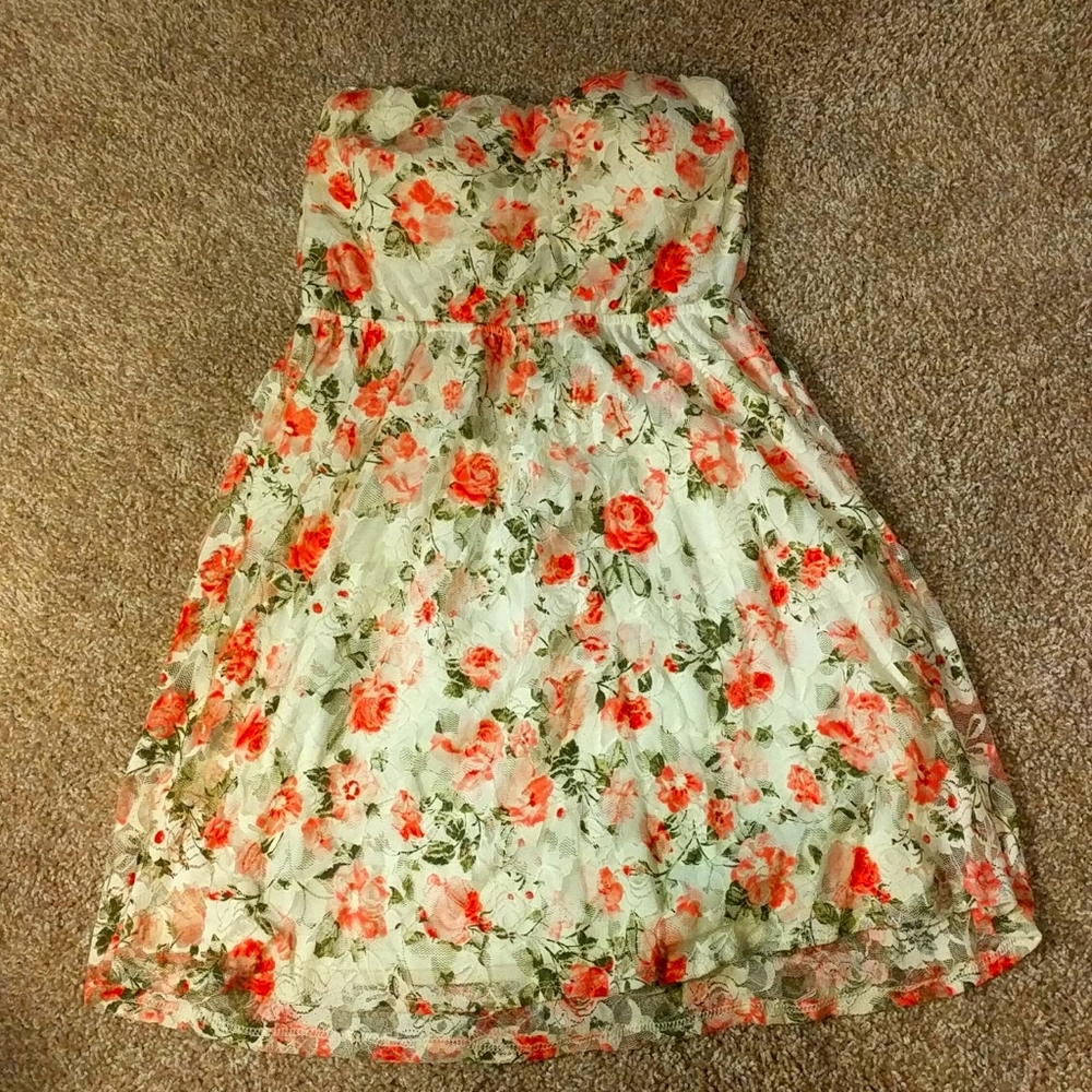 Strapless floral dress.